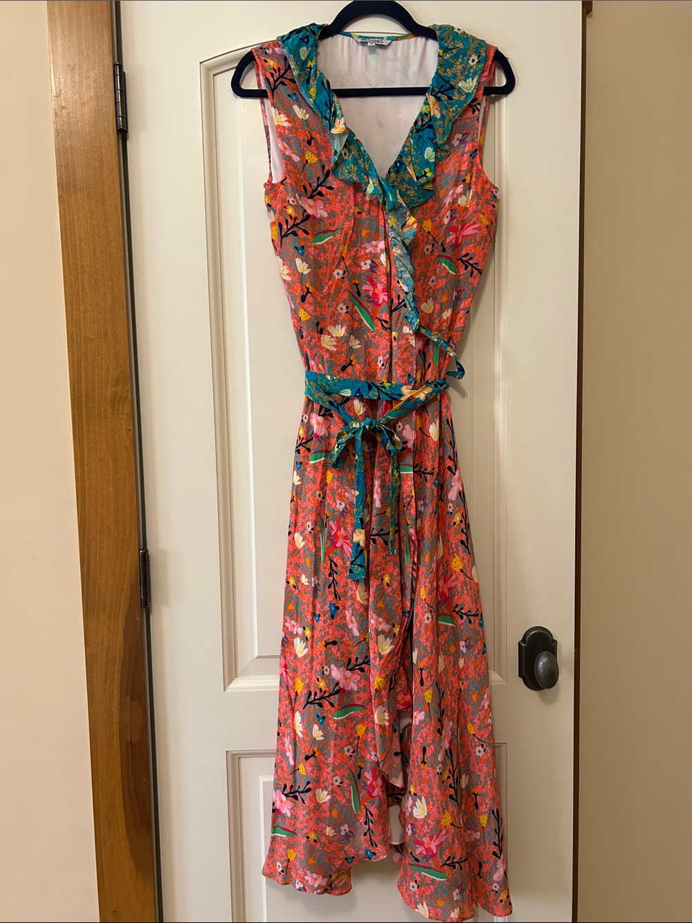 BenaresCoral Floral Maxi True Wrap Dress with Teal Trim - Women Labor Day!